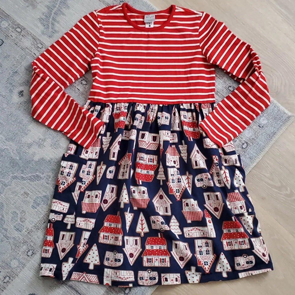 Hanna Andersson Girls Holiday Mixie Playdress Gingerbread Village Dress Sz12